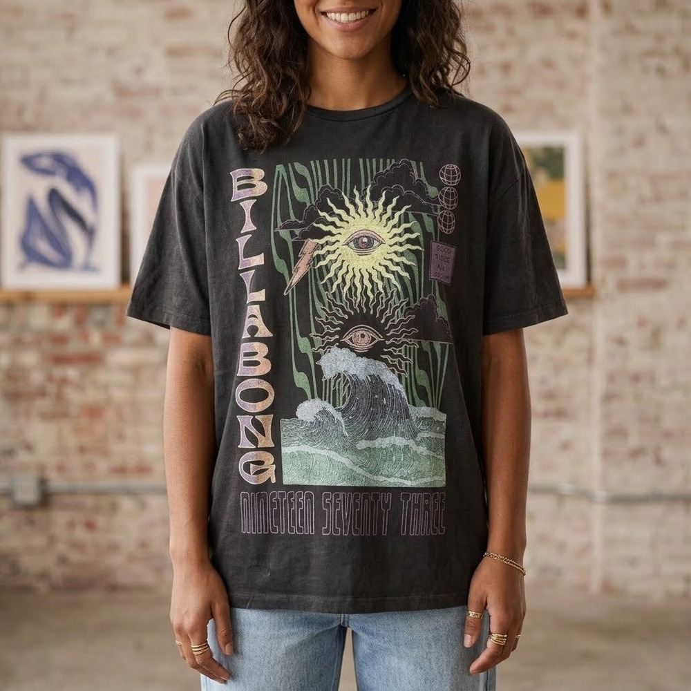 NWT Billabong Swell Trip Oversized Graphic Tee Washed Black - Size Medium